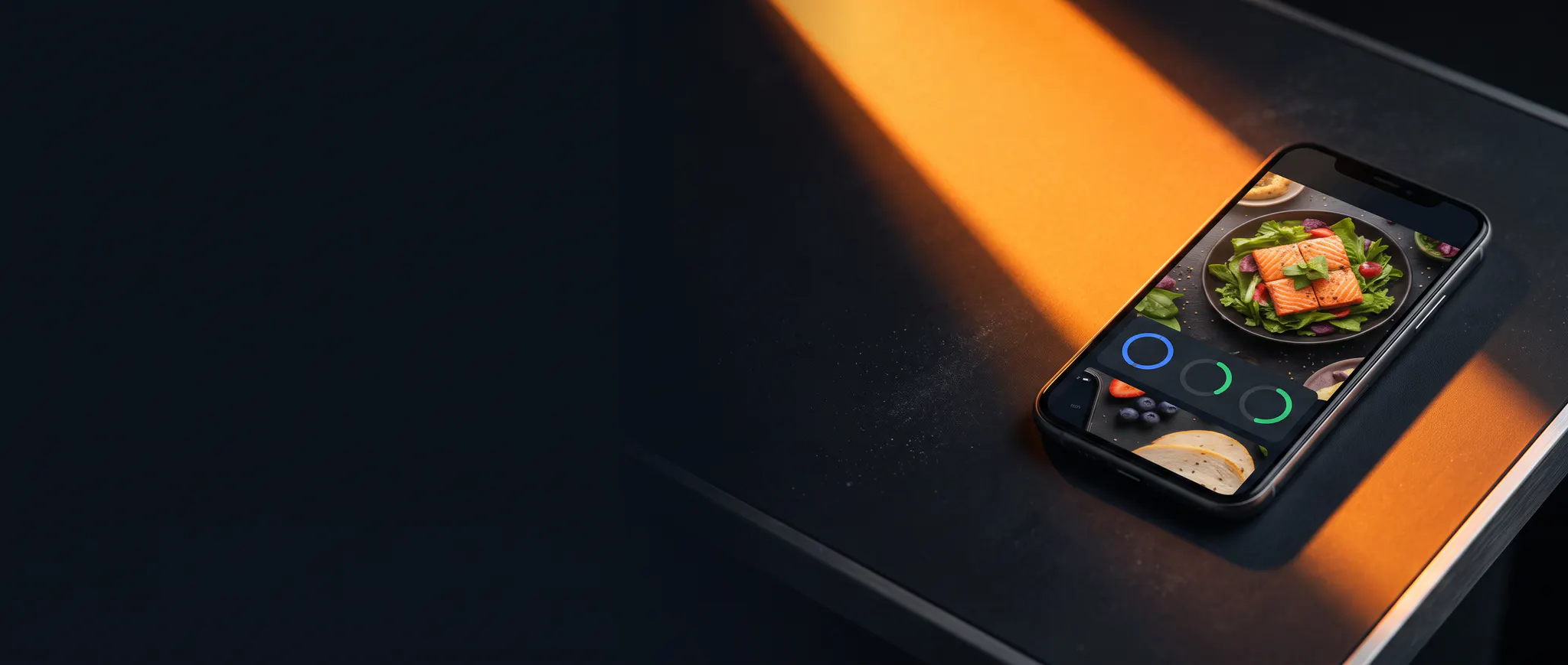 Nutrition tracking app on a dark studio surface