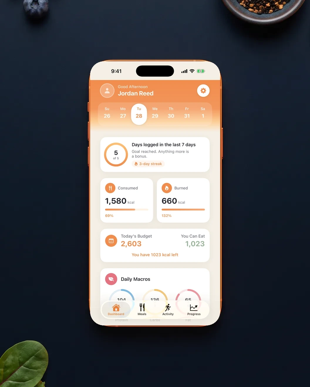 Nutrition dashboard with macro rings