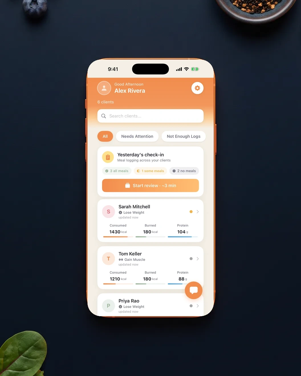 DefyCals coach dashboard showing client roster